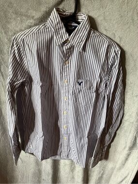 American Eagle Outfitters White and Blue Stripe Button-Up Shirt